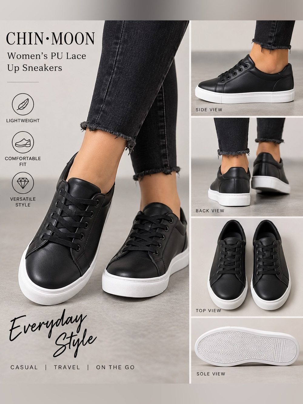 Women's Black Casual Lace-Up Sneakers